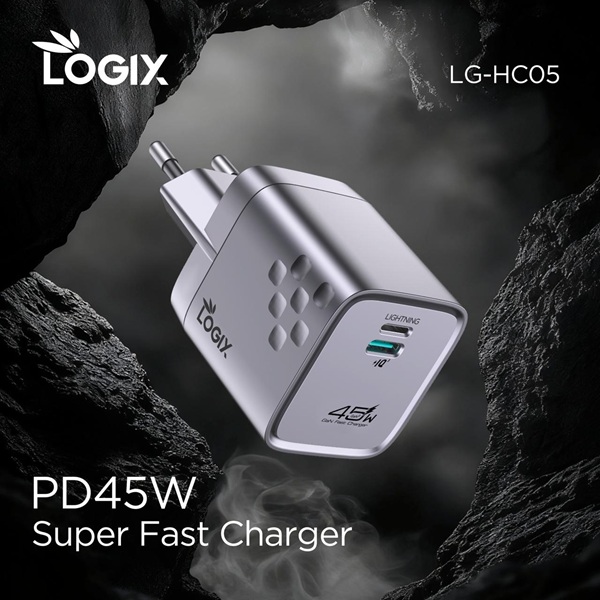  شاحن لوجيكس تايب سي إلى تايب سي شحن فائق السرعة PD بقدرة 45 وات موديل HC05 للاستخدام المنزلي