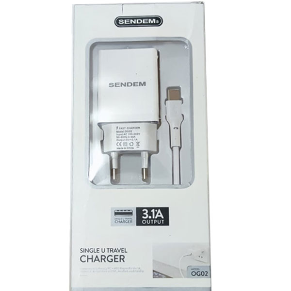 شاحن سينديم تايب سي USB 3.1A موديل OG02 منزل شاحن سينديم تايب سي USB 3.1A موديل OG02 منزل