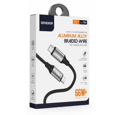 كابل سينديم تايب سي إلى تايب سي فاست 66 واط بطول 1.2 متر موديل T64