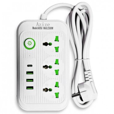 مشترك كهرباء أزيزي A05U بقدرة 2500 وات و3 مخارج كهربائية و3 منافذ USB مشترك كهرباء أزيزي A05U بقدرة 2500 وات و3 مخارج كهربائية و3 منافذ USB