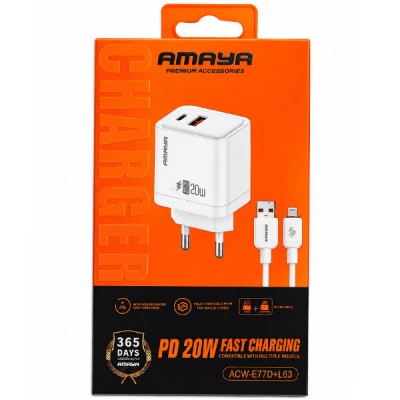 شاحن حائط أمايا USB + USB Type-C للشحن السريع PD بقدرة 20 وات مع كابل USB إلى لايتنينج موديل ACW-E77D+L63
