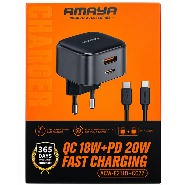 شاحن حائط أمايا USB Type-C للشحن السريع PD بقدرة 20 وات مع كابل USB Type-C إلى USB Type-C موديل ACW-E211D+CC77