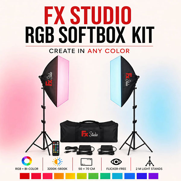 طقم إضاءة إف إكس ستوديو سوفت بوكس 50×70 سم بقدرة 60 واط (2×30 واط) RGB 