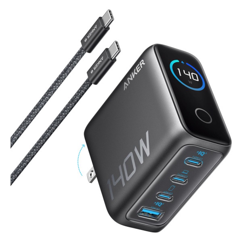 شاحن انكر 4 منافذ pd مع كابل usb c بقدرة 140 واط شحن سريع